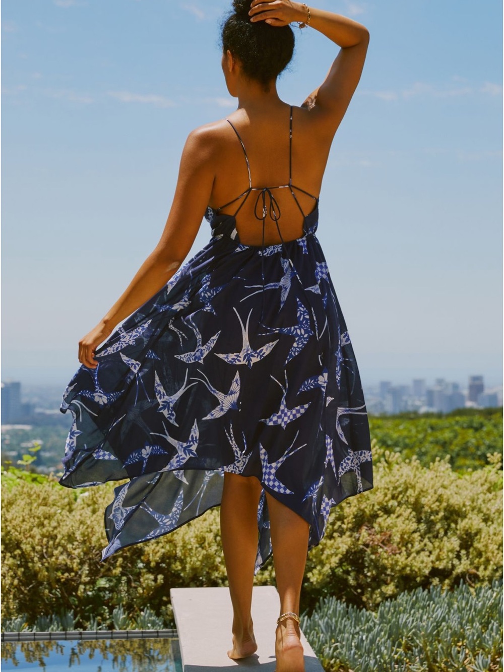 Navy Blue Bird Print dress Sundress Alani midi coverup Anthropologie XS petite